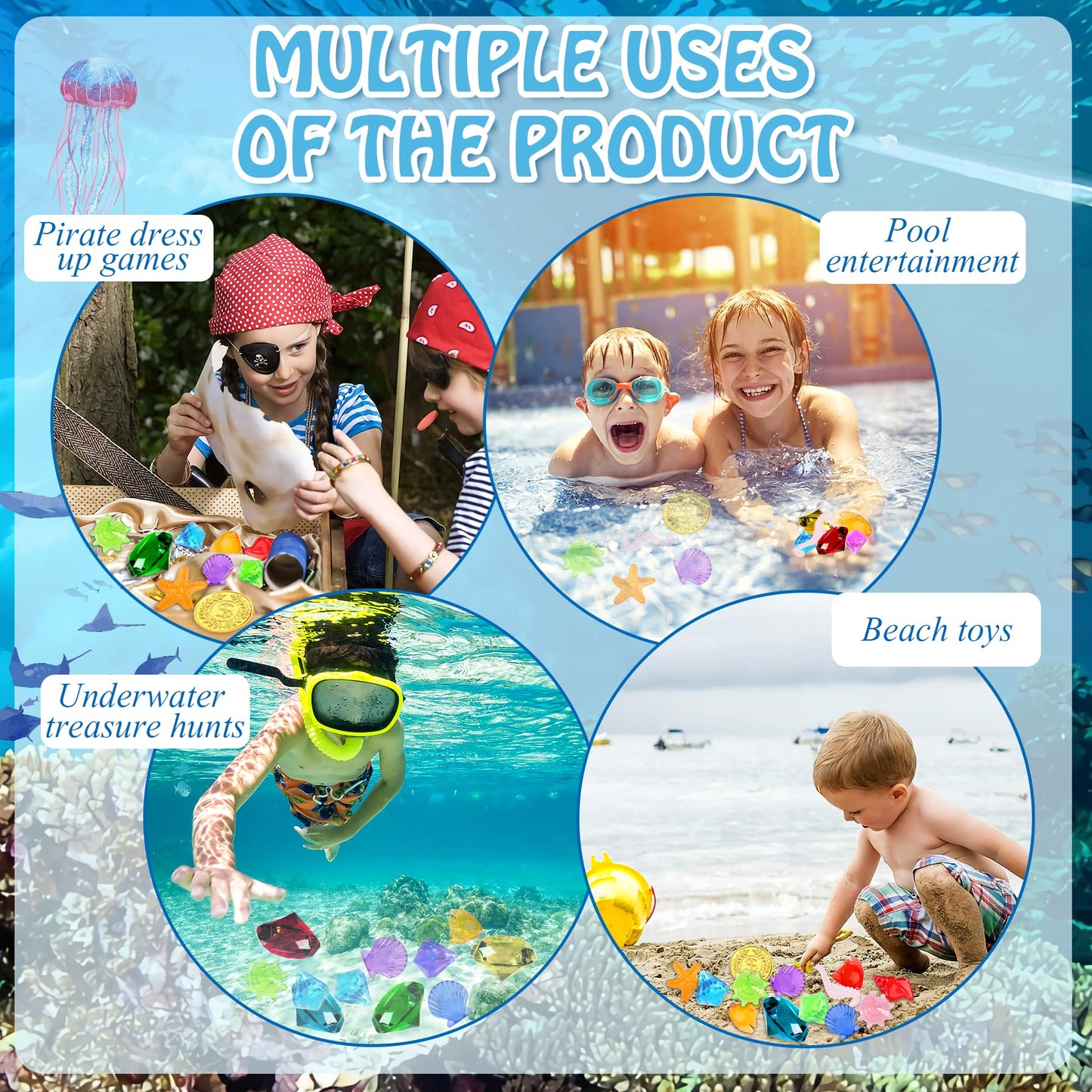 Marforever 70 Pieces Diving Gem Pool Toys Colorful Summer Swimming Diamonds Acrylic Gemstones With 2 Treasure Pirate Boxes For W