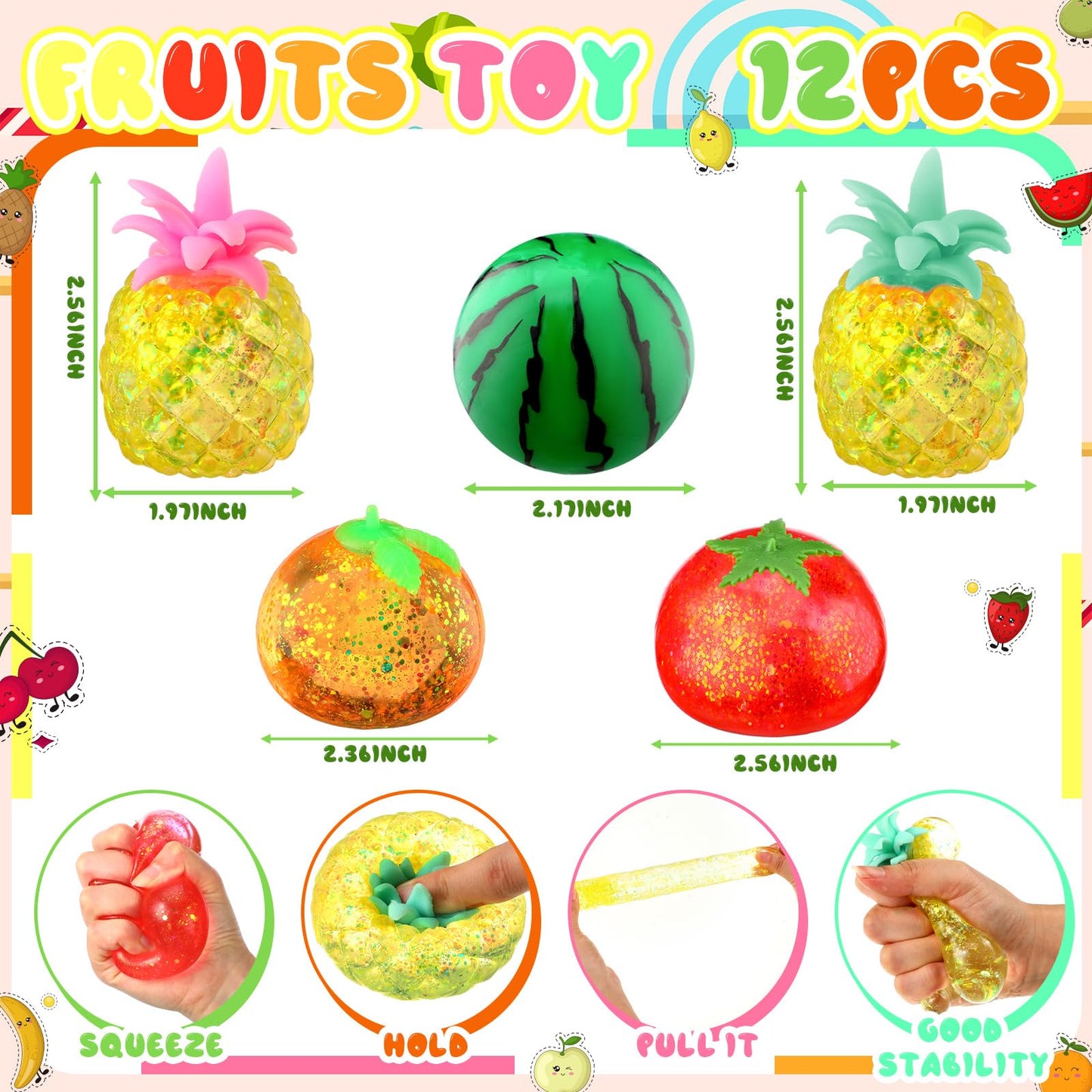 Meooeck 12 Pcs Fruit Stress Relief Toys Watermelon Orange Stress Balls Fidget Toys for Adults Relief Mini Squeeze Fruit Party Fa