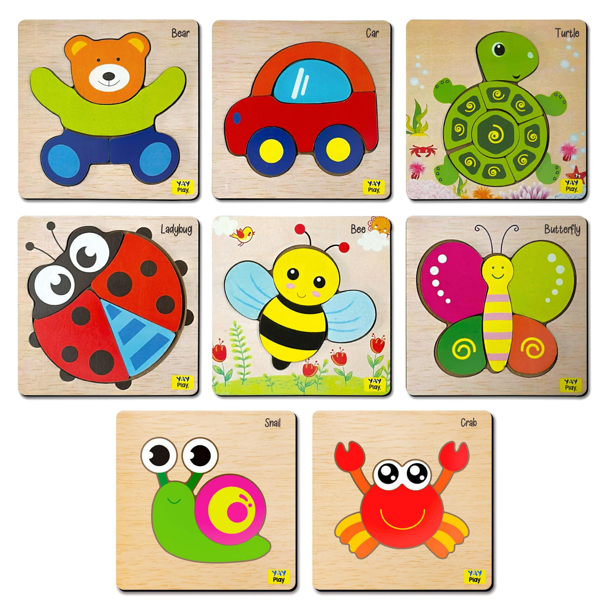 Yay Play Wooden Puzzle Set For Kids | Set Of 8 | Bear, Butterfly, Crab | Easy For Beginners | MultiColor | 5.9 X 5.9 Inches | E