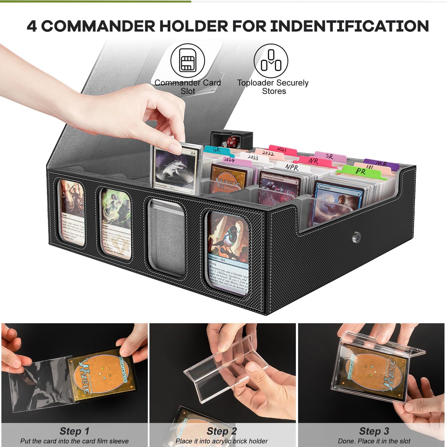 Gomyrod 3200+ Trading Card Storage Box, 4-Row Deck Box with Handle, Black & Grey, Includes 30 Dividers, 8 Supporters, 1 Dice Tray