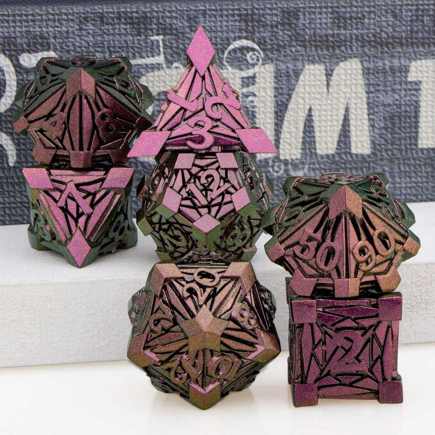 ORIFANTOU Metal DND Dice Set Dungeons and Dragons Dice with Box, Purple Red Debris D&D Dice RPG D and D Dice Role Playing Game P