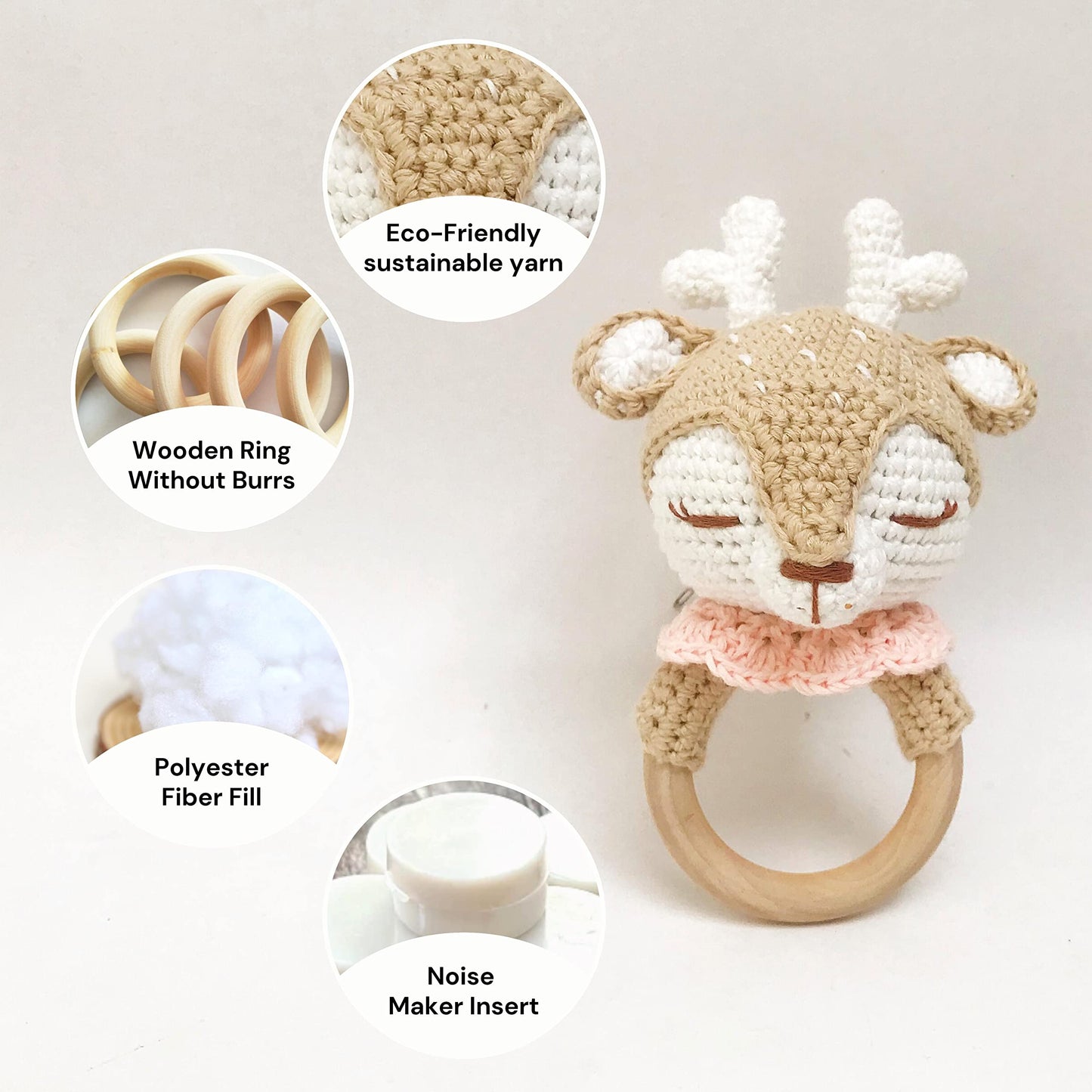 Bunny - Rattle For Young Children, Handmade Woolen Toy, Visual And Sensory Enhancing, Toy With Strict Quality Testing Process, Usable As House Decoration (Beige Reindeer)