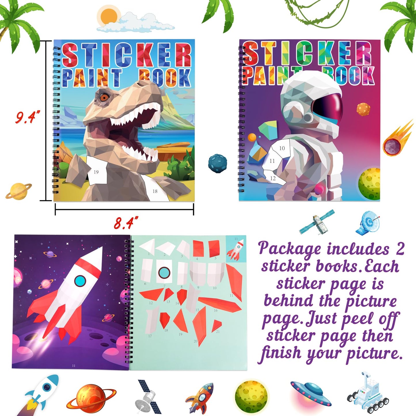 90shine 2PCS Sticker Books for Kids Ages 4-8 Dinosaur Space Designs Party Gift Create 22 Pictures