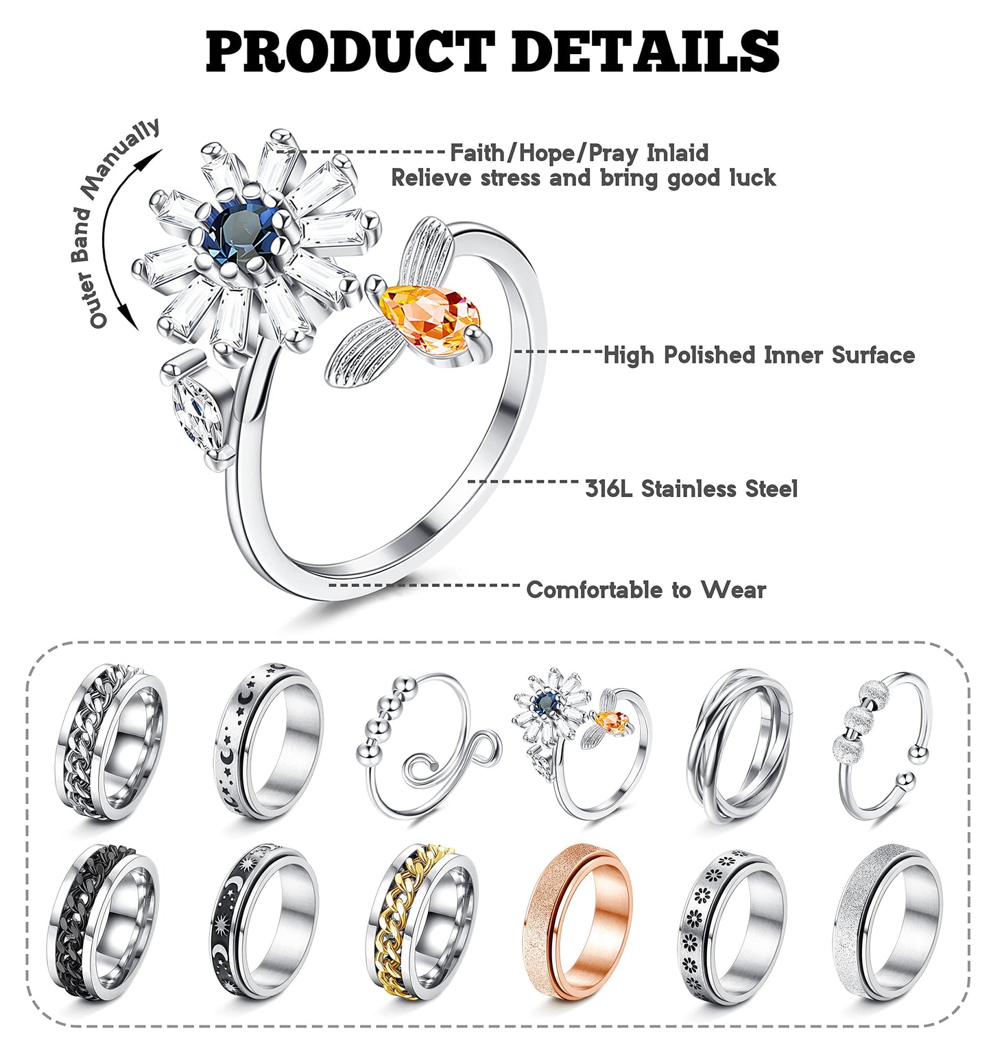 Fasacco Anxiety Ring For Women Fidget Rings For Anxiety Spinner Ring Figit Spinning Ring Anti Anxiety Ring For Women Men Size 12