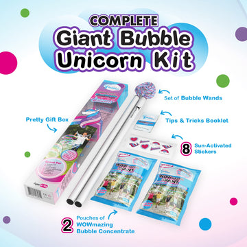 Wowmazing Giant Bubble Kit: Unicorn - Incl. Wand, 2 Big Bubble Concentrate Pouches And 8 Sun-Activated Magical Stickers | Outdoo