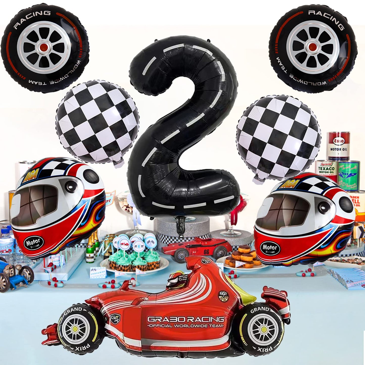 Stcomart 8 Pcs Race Car Party Decorations, Black Number 2 Balloon Checkered Balloons Tire Balloons For Boys 2Nd Birthday