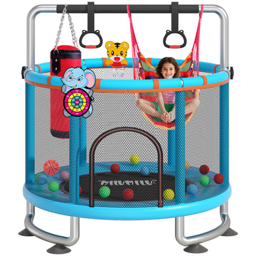 60 Indoor Outdoor Trampoline for Kids,MILUMILU Toddler Trampoline with Safety Enclosure Net,Adjustable Gymnastics Bars, Basketba