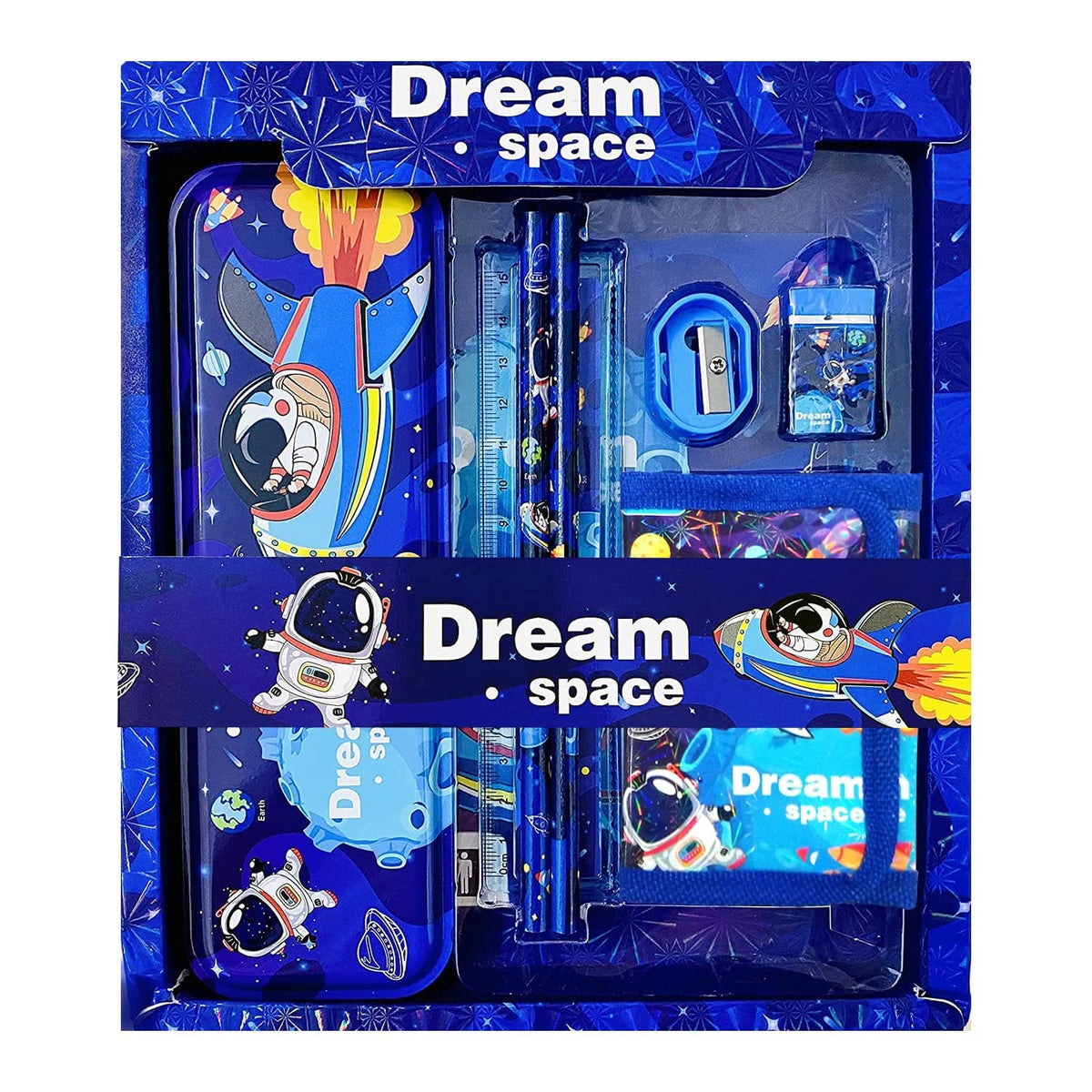 Party Propz Metal, Wood, Fabric Space Pencil Box  7 Pcs Stationary | Compass Box For Boys | Eraser Sharpener Combo Pack | Astro
