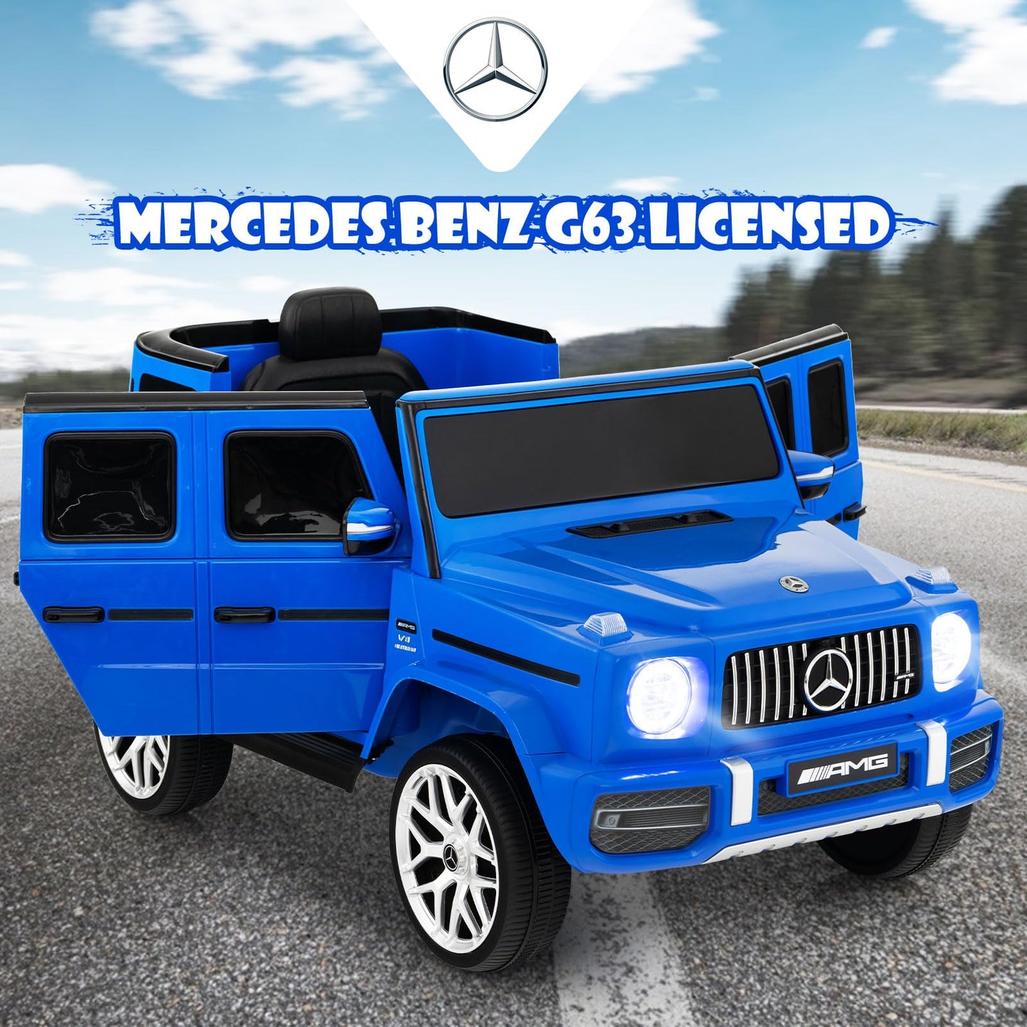 Olakids 12V Kids Ride On Car, Licensed Mercedes Benz G63 Electric Vehicle With Remote Control, Double Open Doors, Music, Bluetooth, 2 Speeds, Wheels Suspension, Battery Powered Driving Toy (Navy)