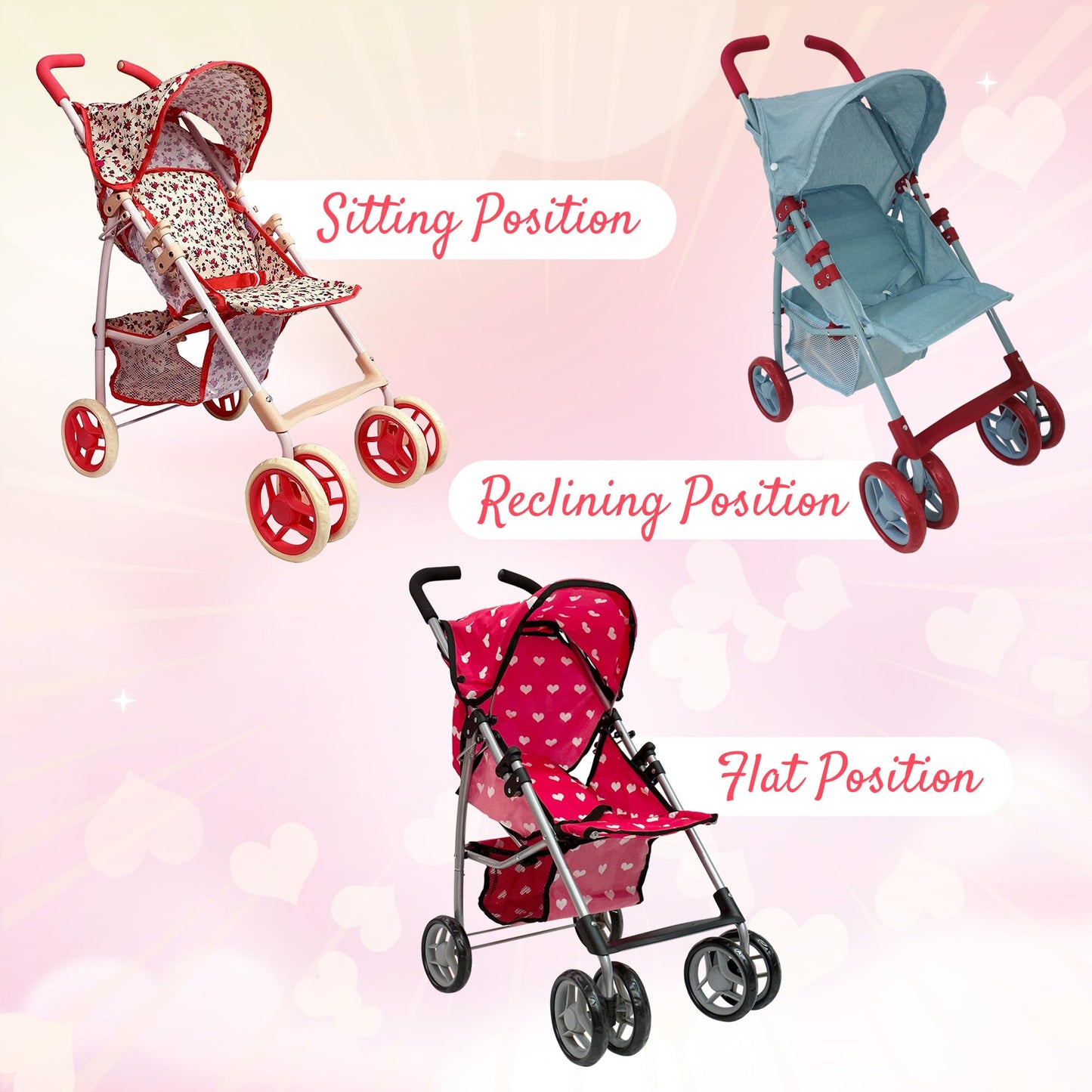 The New York Doll Collection Baby Doll Stroller - 28” Floral Toy Stroller with Canopy, Mesh Basket, Rubber Tires, Model A226
