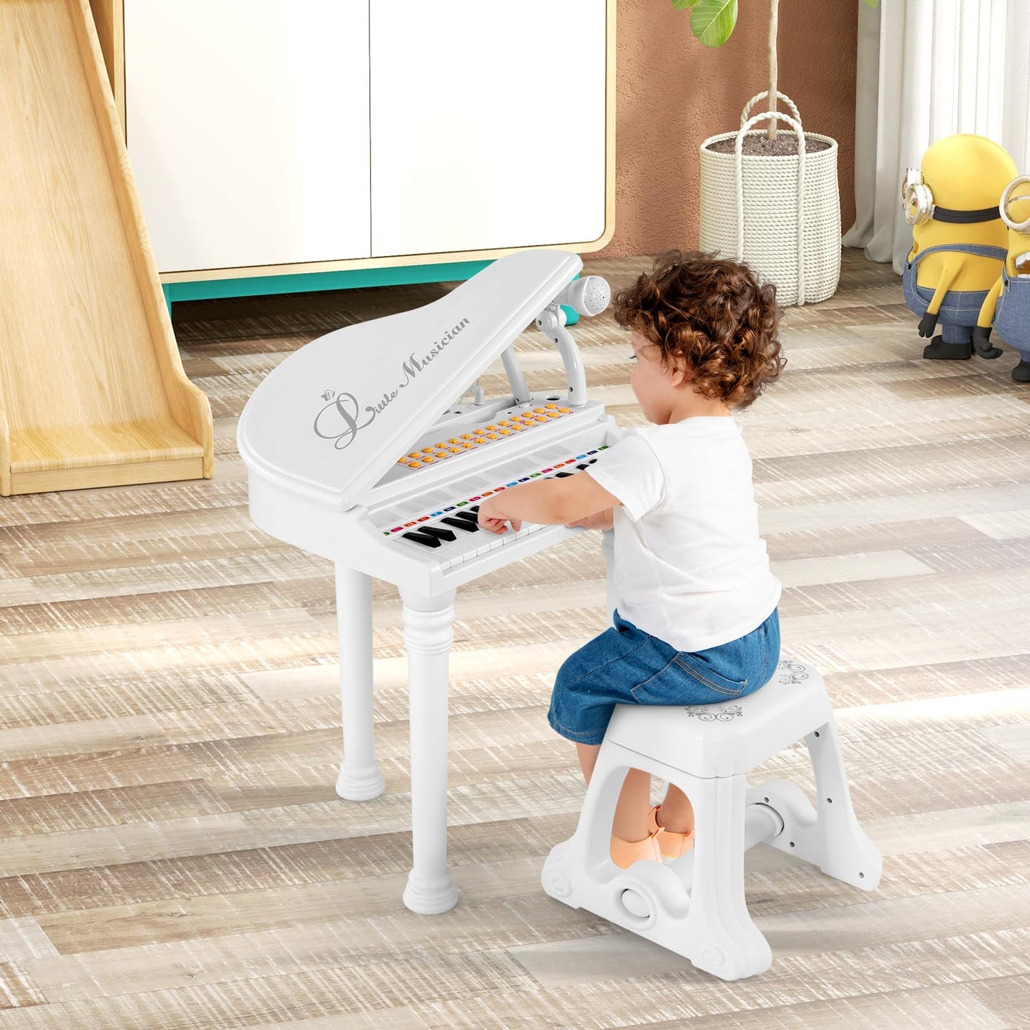 HONEY JOY Classical Kids Piano, 31-Key Toy Mini Grand Piano with Music Stand & Stool, Portable Electronic Educational Musical In