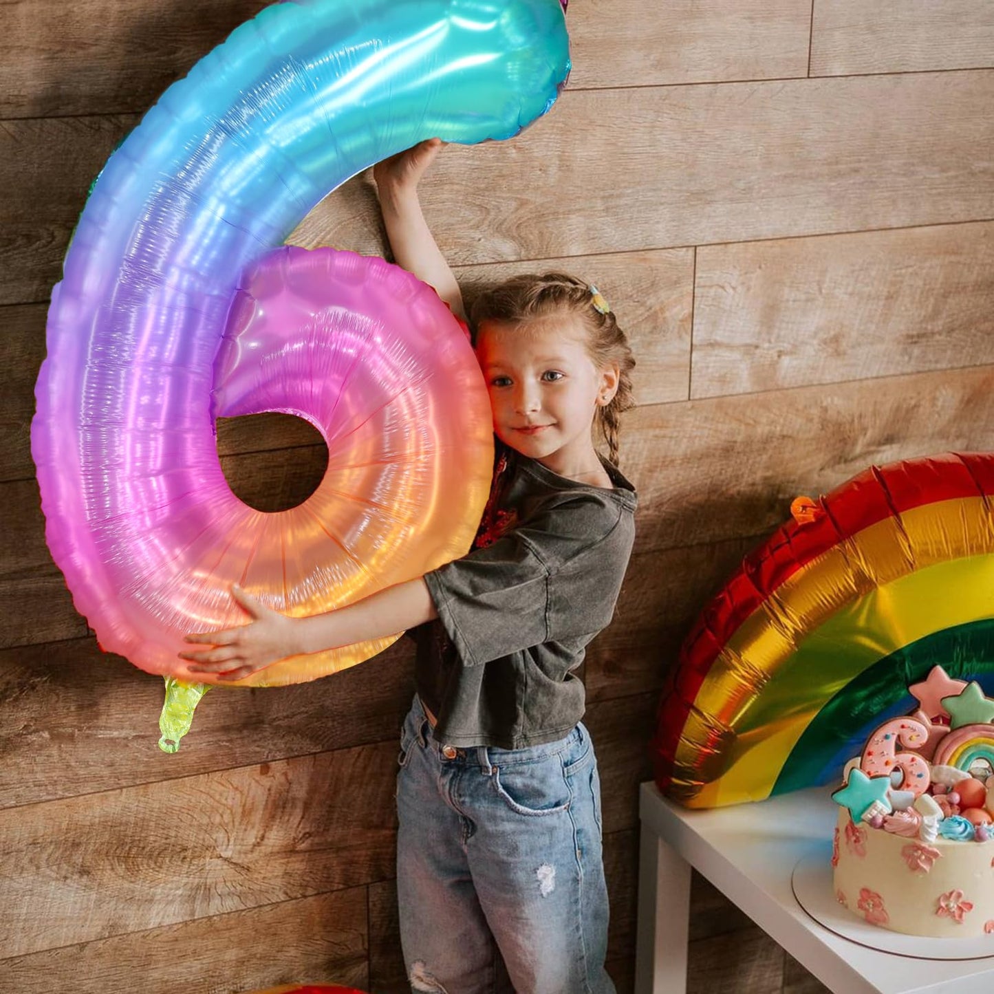 Paticool Rainbow Number 6 Balloon, 40 Inch Large Number Foil Mylar Balloons For 6Th Girl Boy Birthday Party Celebration Decorati