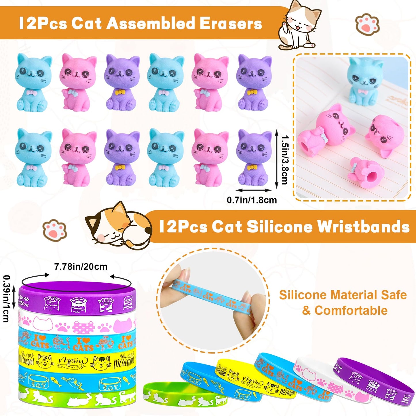 Moltby Cat Party Favors For Kids - 72Pcs Cat Themed Birthday Party Supplies, Cat Pens Erasers Stationery Set For Pet Theme Birth