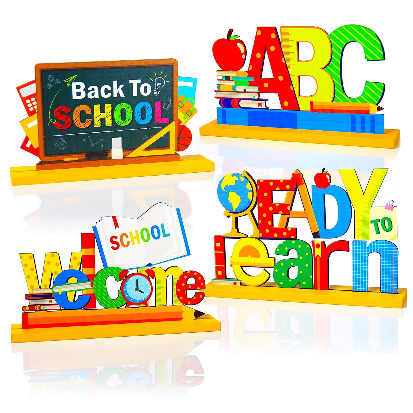 4 Pieces Back to School Party Decorations Wooden First of School Centerpieces Ready to Learn Table Toppers for School Classroom 