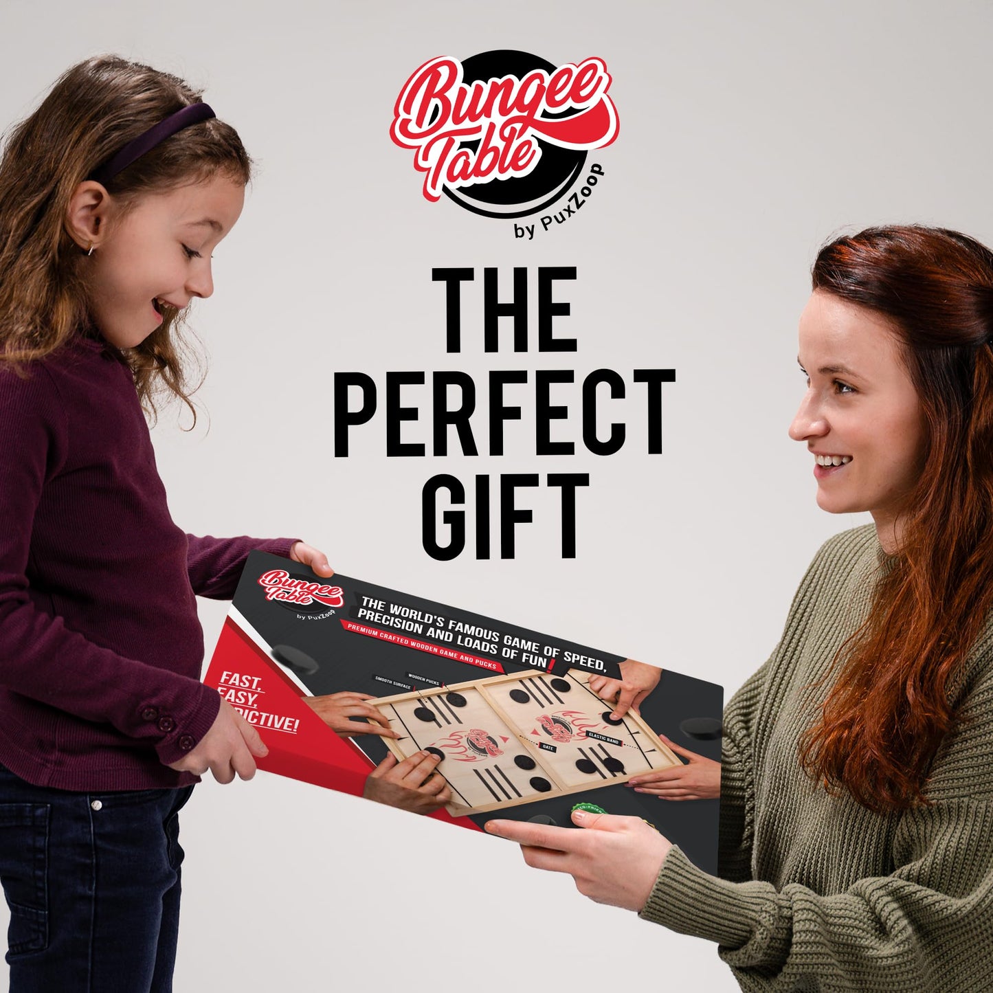 Bungee Table Fast Sling Puck Game - Small Size - Test Your Speed And Accuracy With This Fast-Paced Wooden Air Hockey Board Game