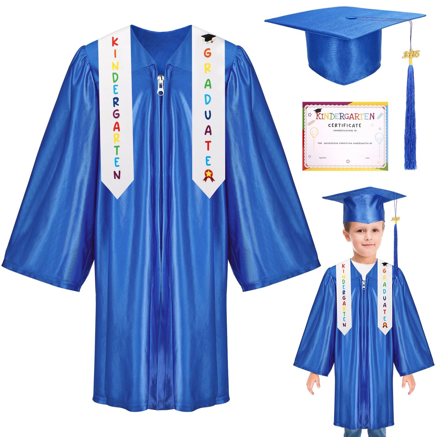 Vicamb 4Pcs Kindergarten Graduation Cap And Gown With 2025 Tassel,Graduations Stole,Kids Graduation Outfit For Graduates