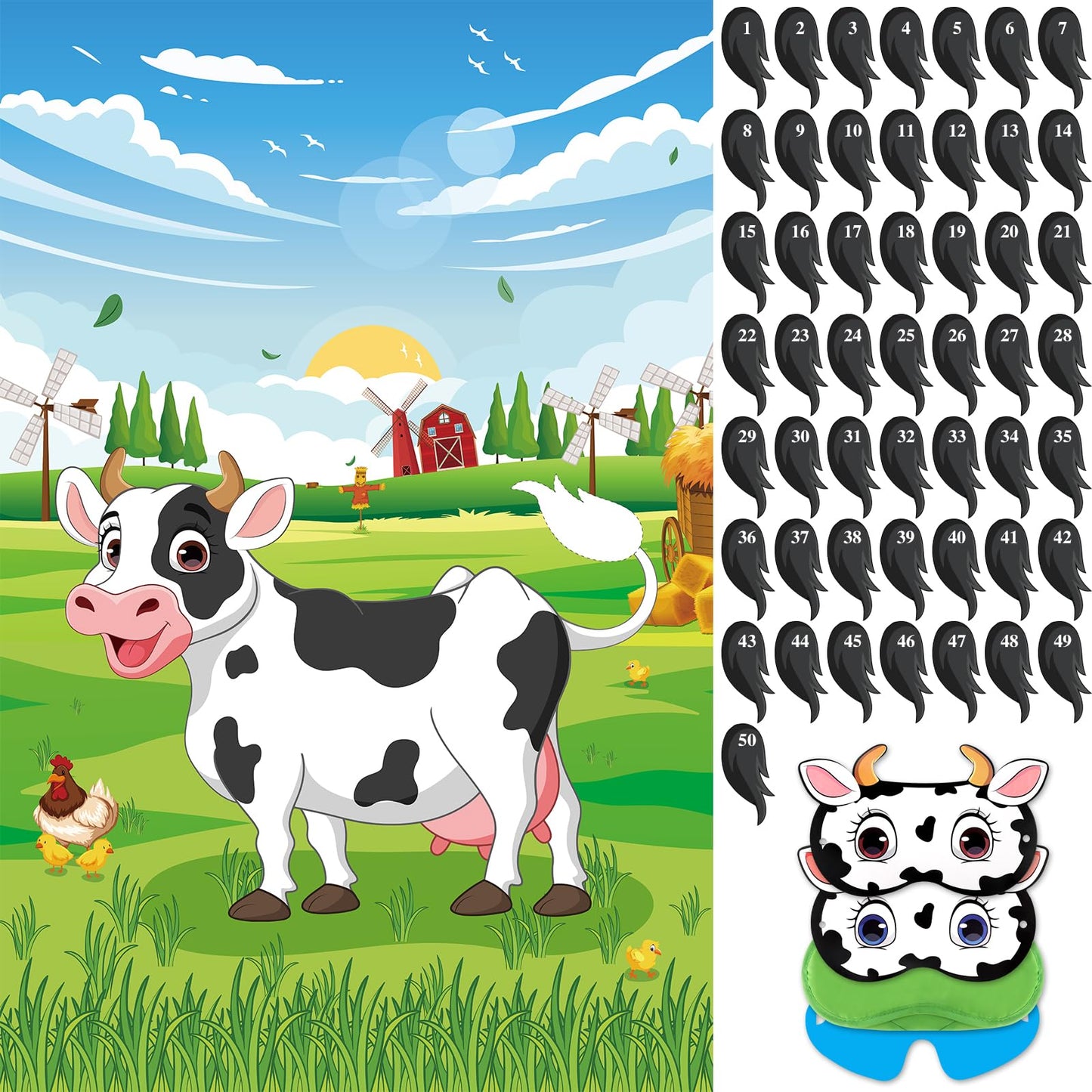Eaezerav Pin The Tail On The Cow Game With 50 Pcs Tails Large Cow Games Poster For Kids Farm Birthday Party Supplies