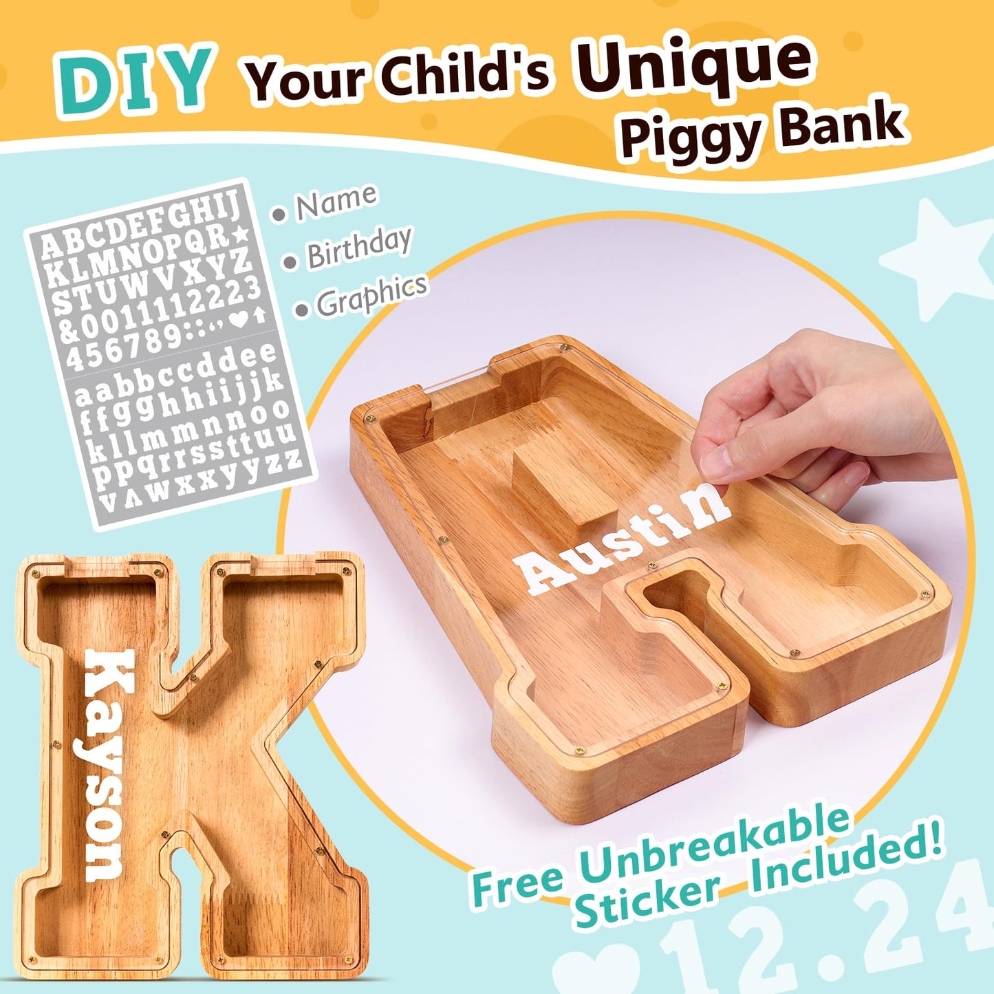 SummiDate Wooden Letter Piggy Bank for Kids| Piggy Bank for Boys Girls Toddler| Alphabet K Money Bank| Wood Coin Bank Personalized Birthday Gift for Kids (K)