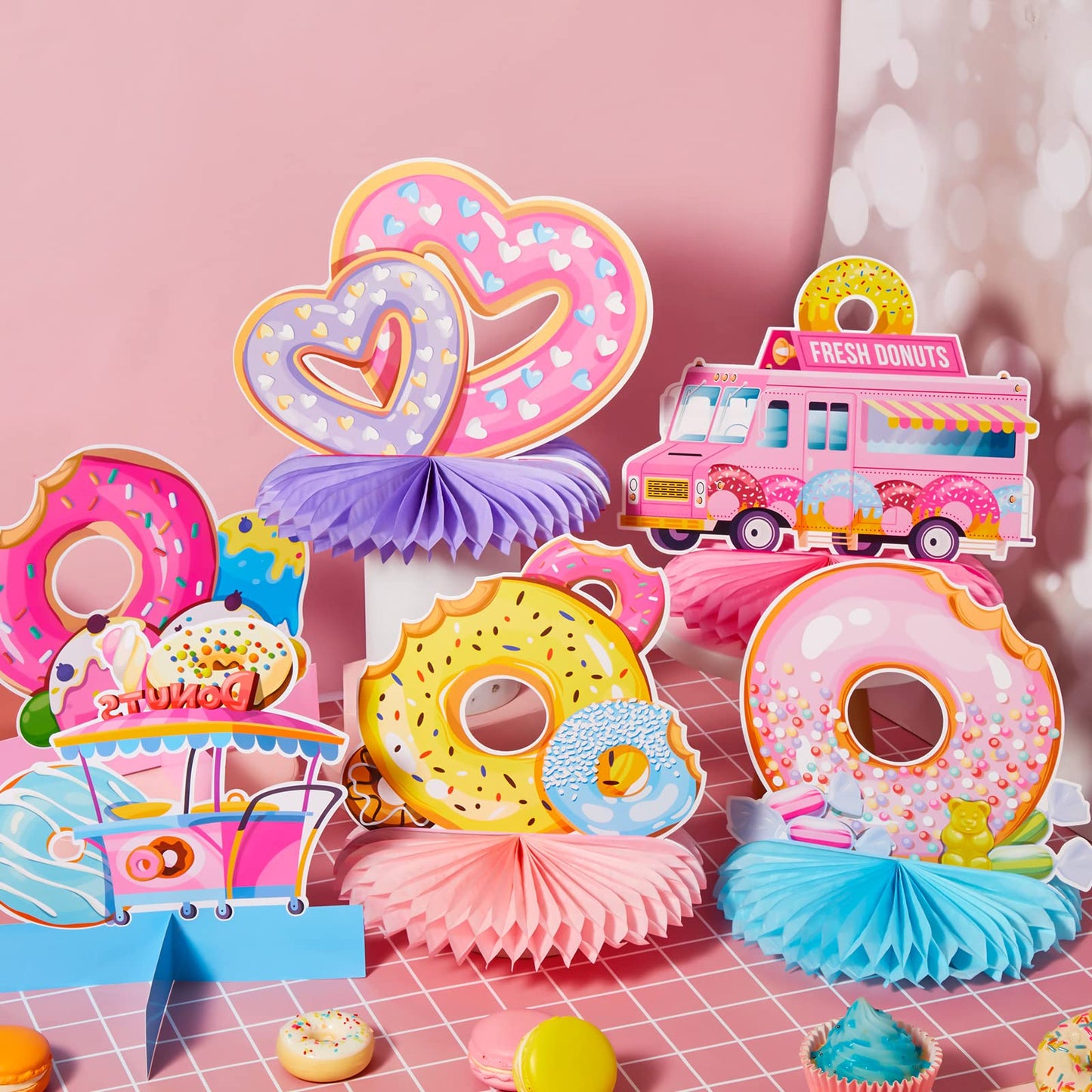 11 Pieces Donut Table Decorations Include 8 Pieces Honeycomb Donut Centerpieces for Party 3 Pieces Donut Cardboard Stand up for