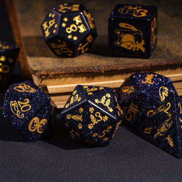 UDIXI Gemstone DND Dice Set Blue Sandstone Dice with Cute Cat Pattern, Stone Dice for Dungeons and Dragons Tabletop Game