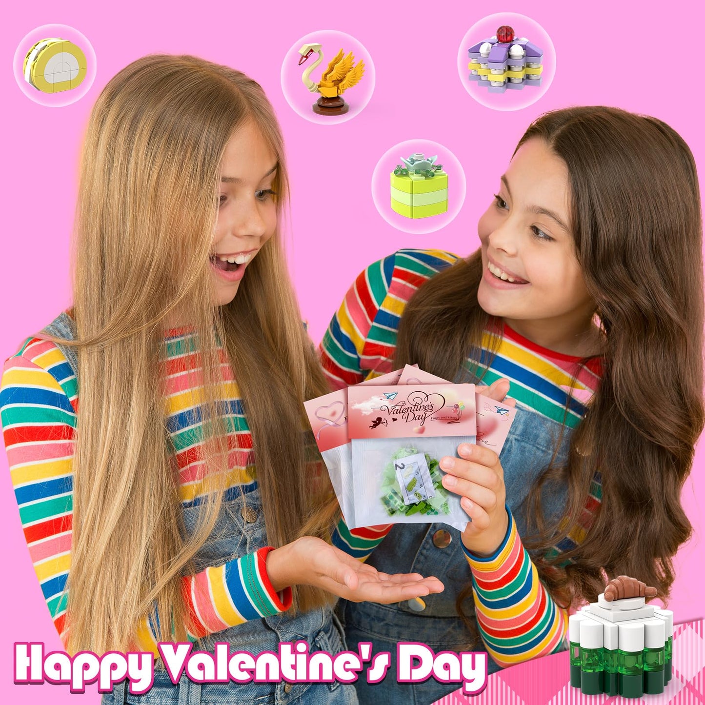 Uiseba Valentines Day Gifts For Kids Classroom/School,24Pcs Dessert Building Blocks And Valentines Cards,Toys For 3+ Years Old G