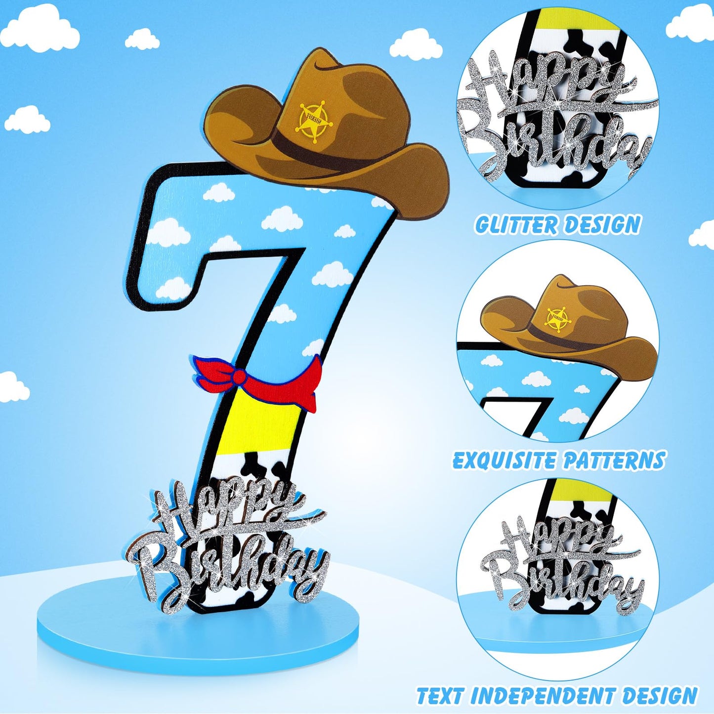 Vercraft Toy Theme 7th Birthday Party Number Centerpiece 11.8 Inch Cartoon Party Number Sign Blue Sky and White Cloud Cow Birthd