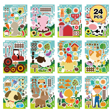 24 Sheets Make-A-Face Sticker, Farm Animal Stickers Sheets Make Your Own Stickers For Kids Farm Themed Birthday Party Favors Sup
