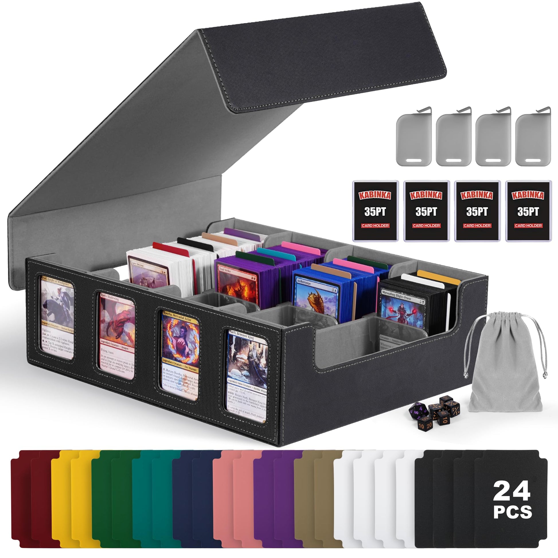 Kabinka Trading Card Storage Box with Commander Display  4-Row Deck Case with Removable Lid; 2400+ Card Deck Box for MTG TCG Sports Card  4 Toploaders  4 Stoppers  24 Dividers 1 Dice Bag (Black)