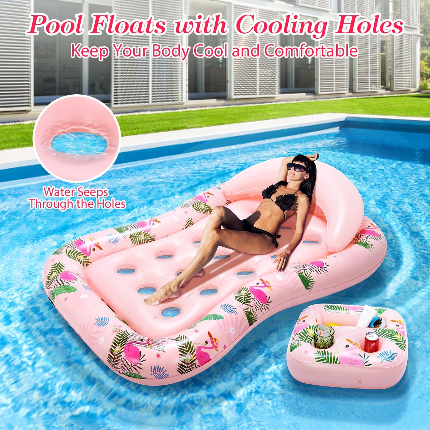 MoKo Inflatable Pool Floats mature-themed-Water Lounge with Detachable Headrest & Cup Holders Pool Lounger Float Raft Swimming Pool Floaties Toys for Party Lake Summer Beach Outdoor  Pink Flamingo