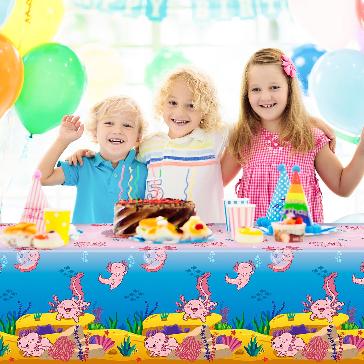 Bkeecten 3Pack Pink Cartoon Axolotl Party Table Cover Reptile Animals Waterproof Disposable Tablecover Plastic Rectangle Tablecl