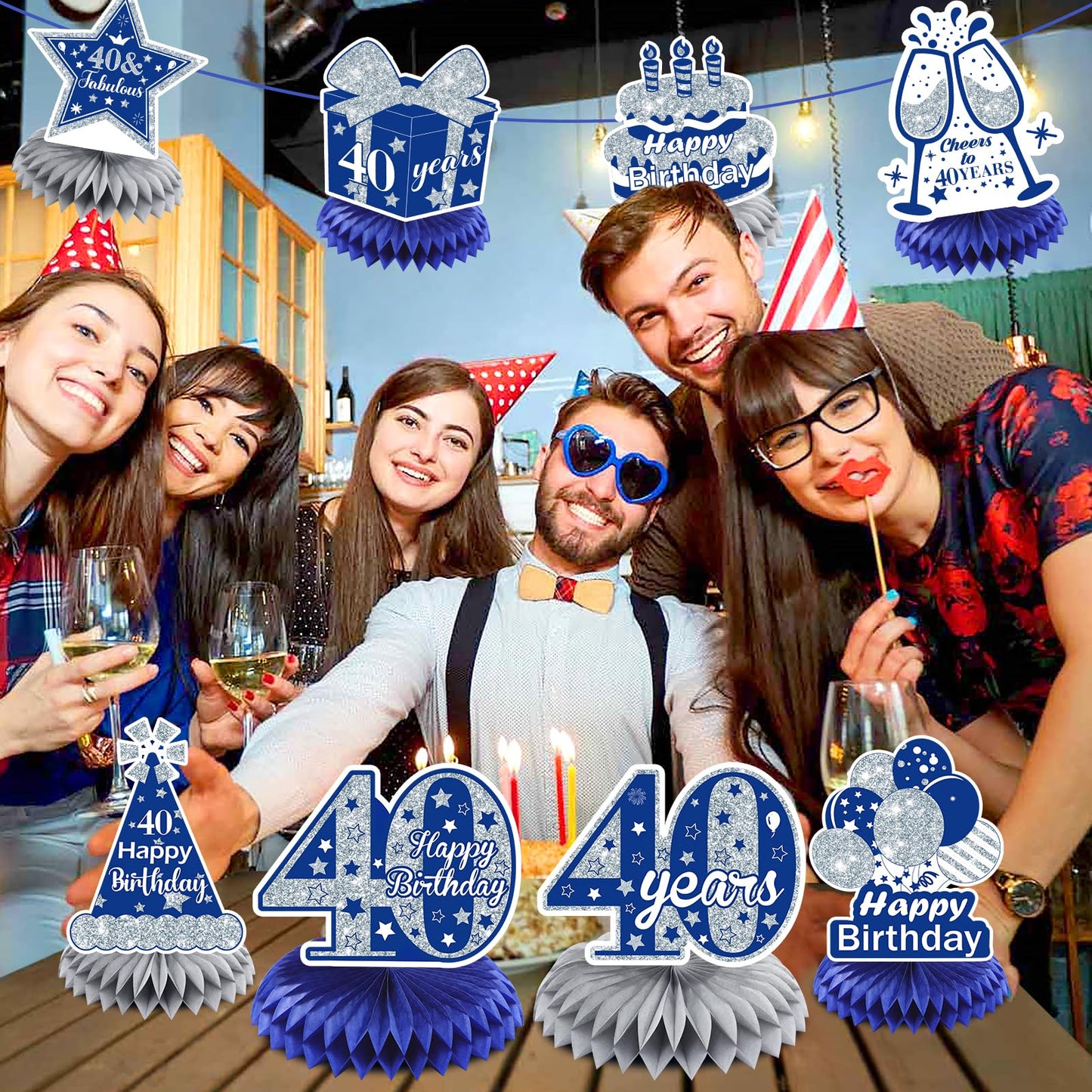 8Pcs Blue 40Th Birthday Decorations Navy Blue Silver Happy 40Th Birthday Table Honeycomb Centerpieces For Table Decor 40Th Birthday Table Topper For Men Women 40Th Birthday Anniversary Party Supplies