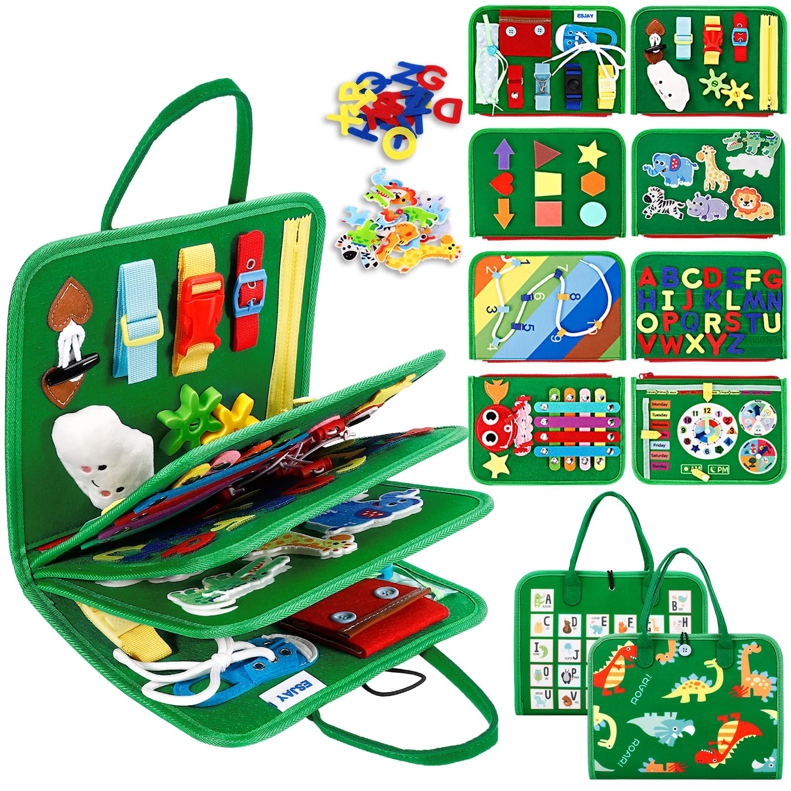 Esjay Toddler Busy Board Montessori Toys, Sensory Board Educational Activities For Learning Fine Motor Skills, Gifts For Girls Boys Toddlers, Travel Toys For Airplane Car,Green Dinosaur