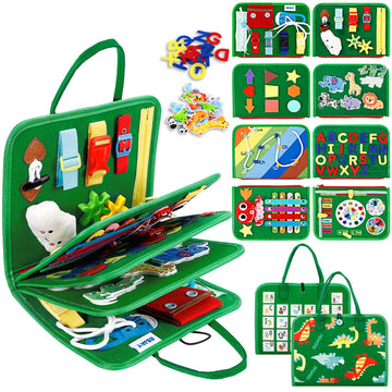 Esjay Toddler Busy Board Montessori Toys, Sensory Board Educational Activities For Learning Fine Motor Skills, Gifts For Girls Boys Toddlers, Travel Toys For Airplane Car,Green Dinosaur