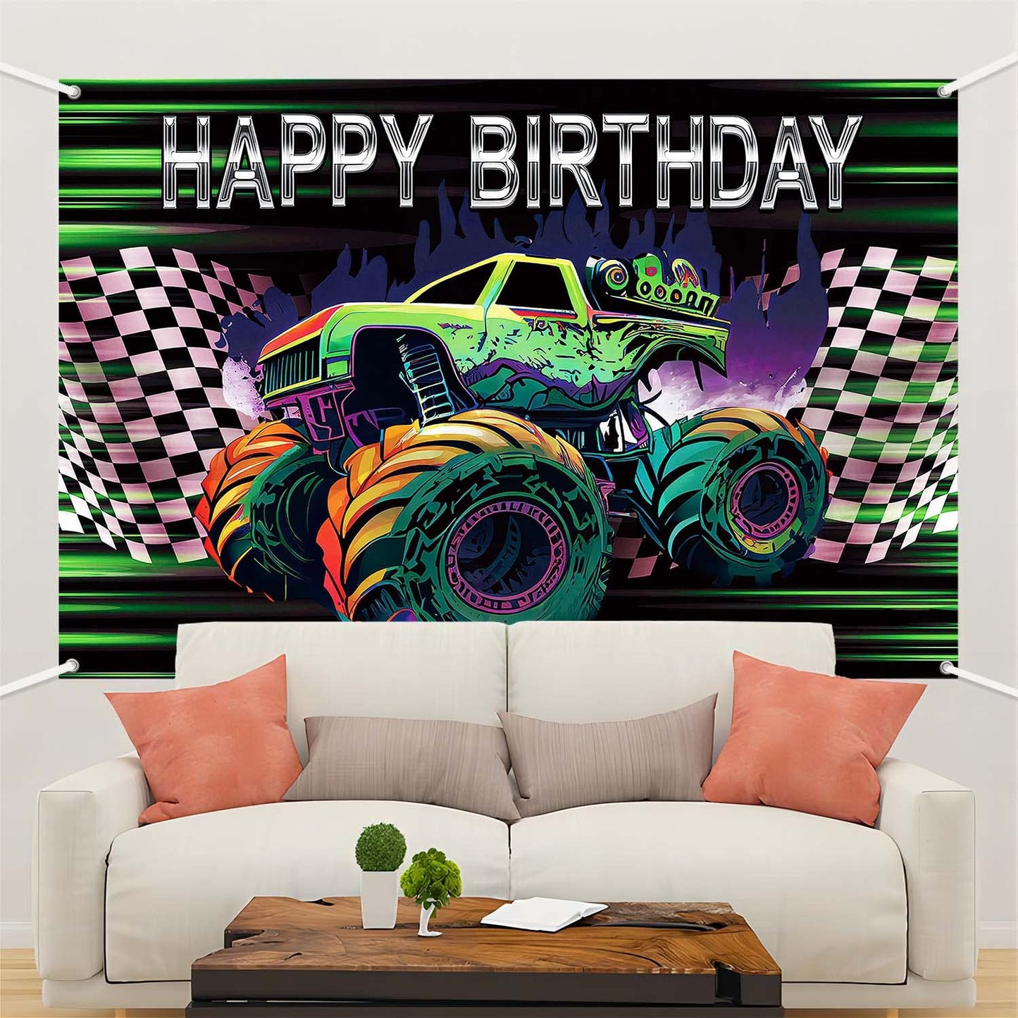 LDWLYW Truck Banner Backdrop, Green & Purple, 7x5ft Polyester Birthday Party Decorations for Boys, Cars Theme, Model 1122334455667723