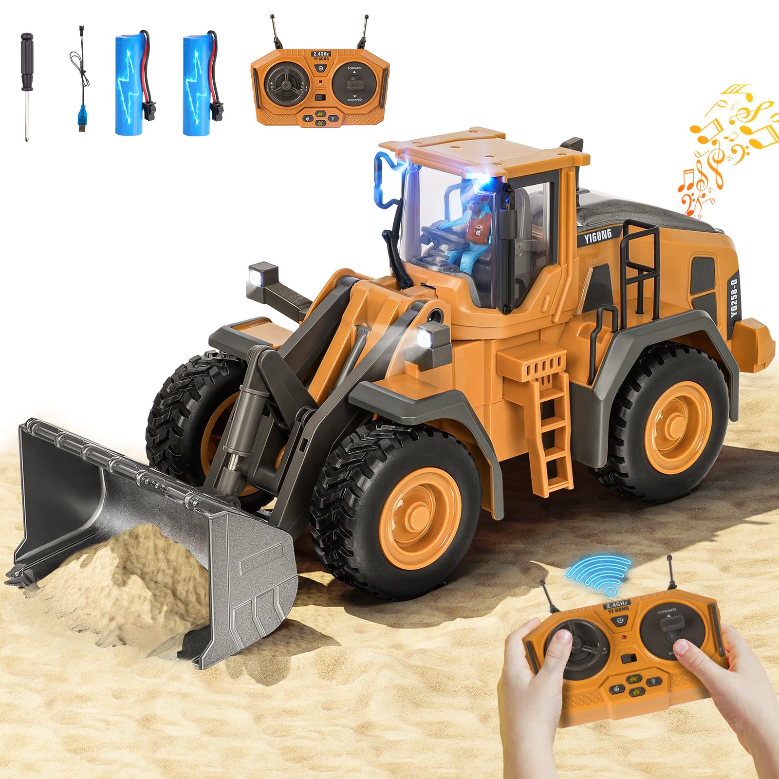 Remote Controlled Excavator Toy Wheel Loader Bulldozer With Light And Sound For Boys 3-12 Years, 2.4Ghz Rc Excavator Bulldozer W