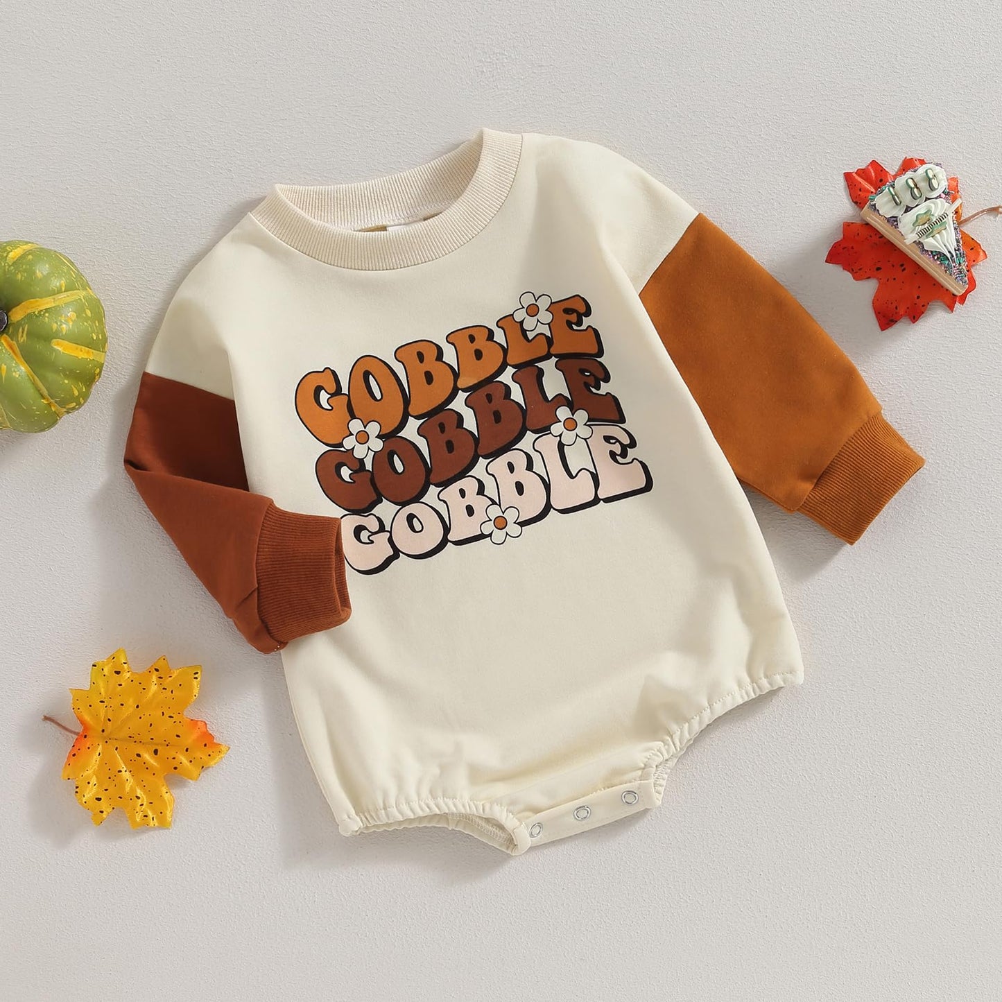 Fybitbo Thanksgiving Baby Girl Boy Outfit Turkey Pullover Sweatshirt Romper Long Sleeve Onesie Cute Fall Clothes (Brown Sleeve Gobble,3-6 Months)