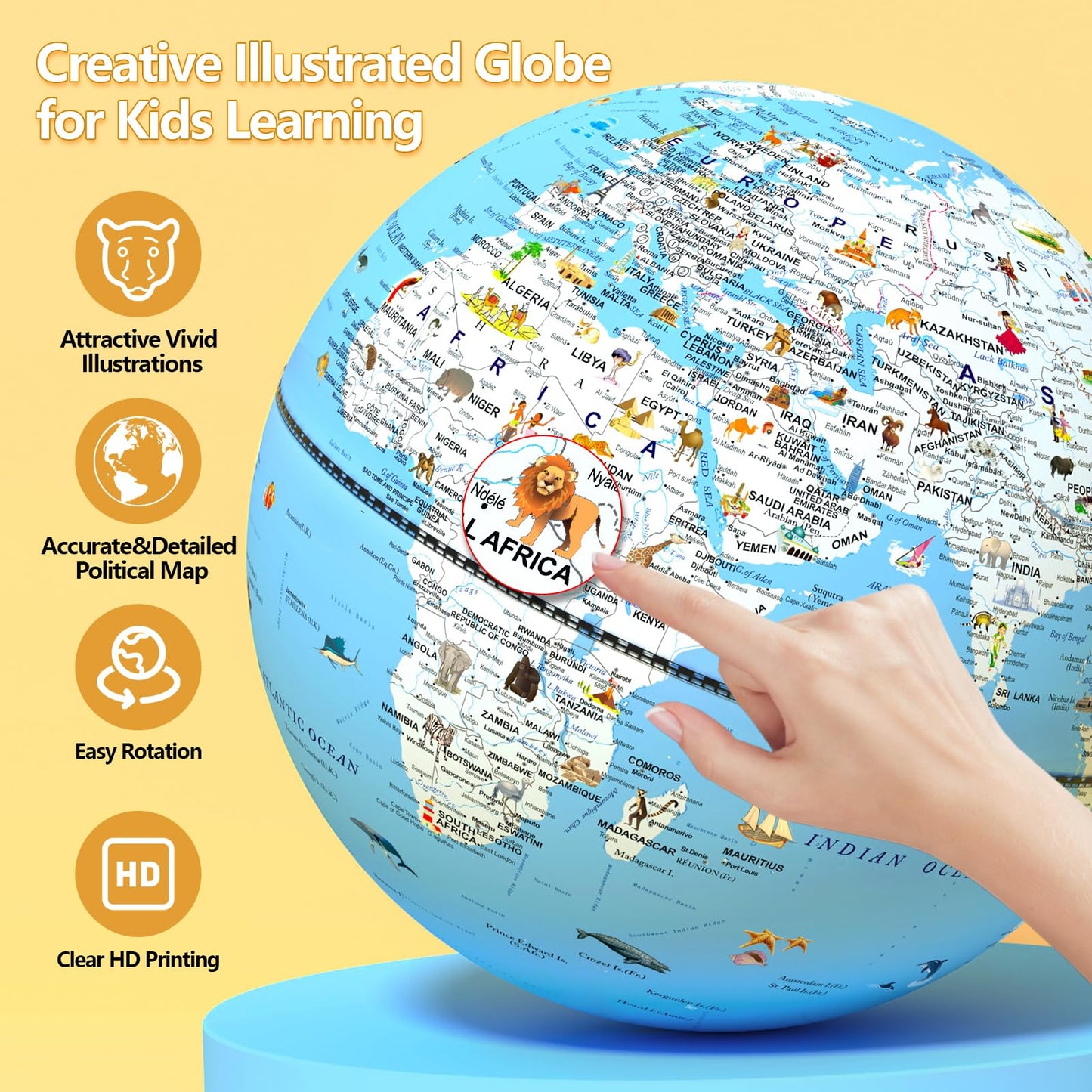 Jowhol Illuminated Globe For Children With Animals Illustrations Easy To Read - 8'' Small World Globe For Kids Learning Geograph