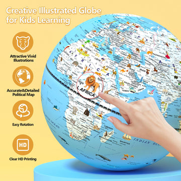 Jowhol Illuminated Globe For Children With Animals Illustrations Easy To Read - 8'' Small World Globe For Kids Learning Geograph