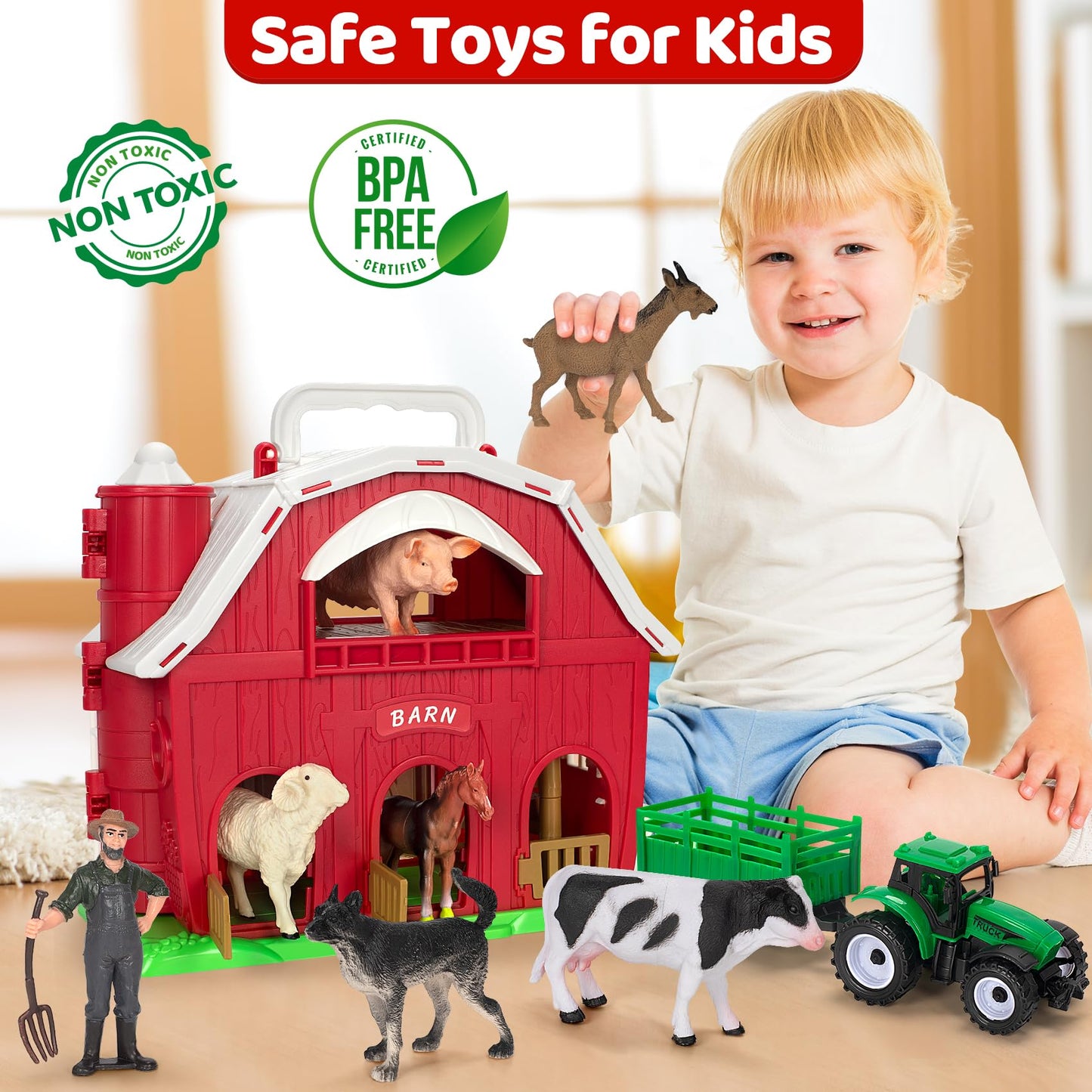 Farm Animals Toys For 1 2 3 Year Old Toddlers Girls Boys, Big Red Barn Farm Playset With Figures Animals And Tractor Toys For Ki