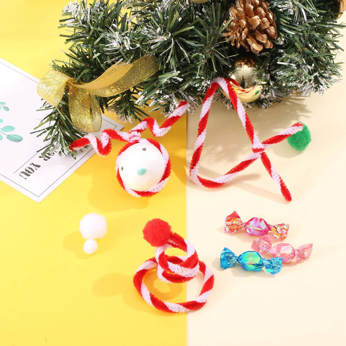 200 Pieces Christmas Striped Chenille Stem Art Craft Pipe Cleaners, Red with White, 6 mm by 300 mm