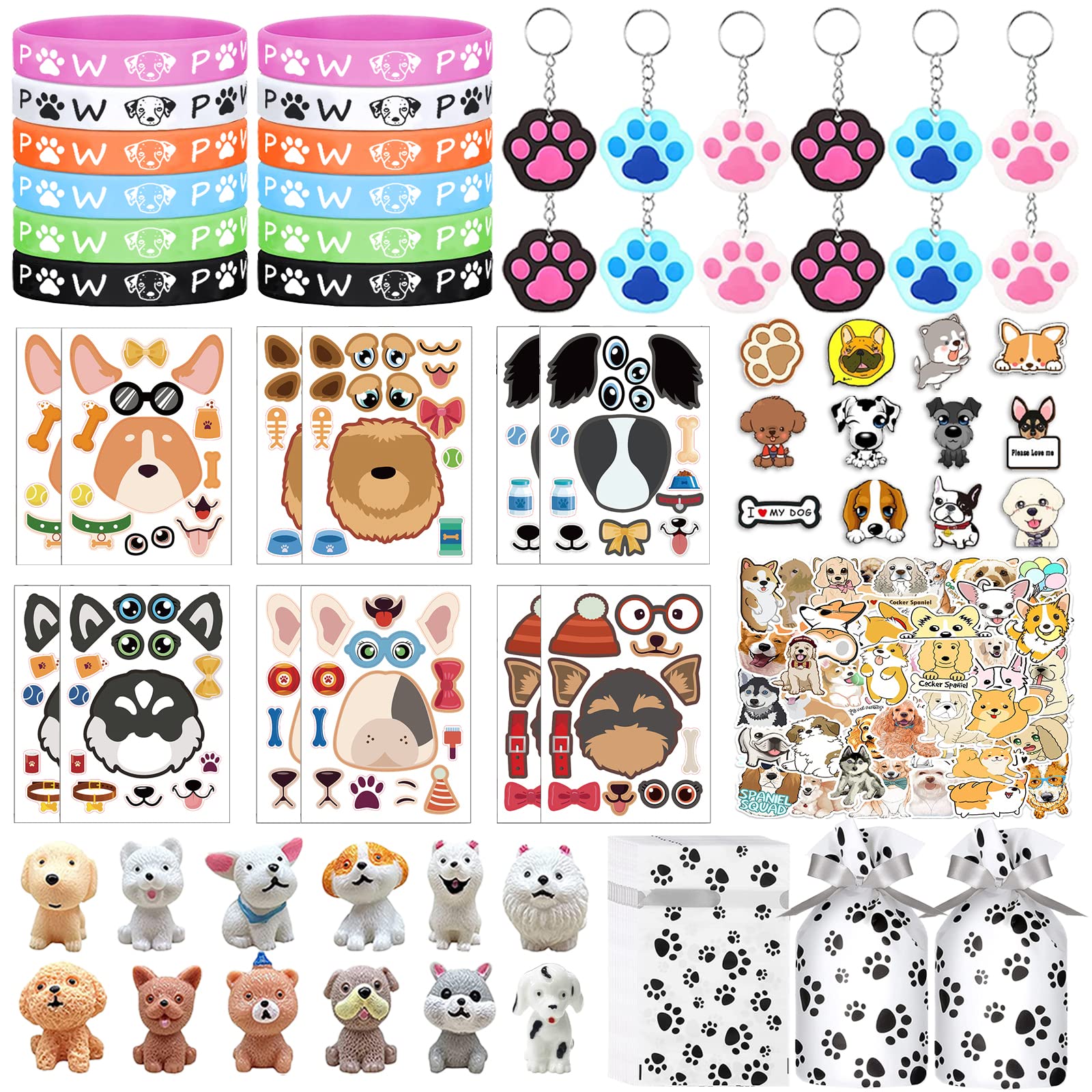 122Pcs Dog Party Favors Gift Set for Kids Dog Birthday Party Supplies Include 12 Dog DIY Face Stickers 12 Dog Bags 12 Keychains 