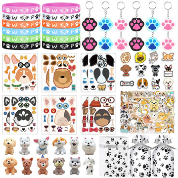 122Pcs Dog Party Favors Gift Set for Kids Dog Birthday Party Supplies Include 12 Dog DIY Face Stickers 12 Dog Bags 12 Keychains 