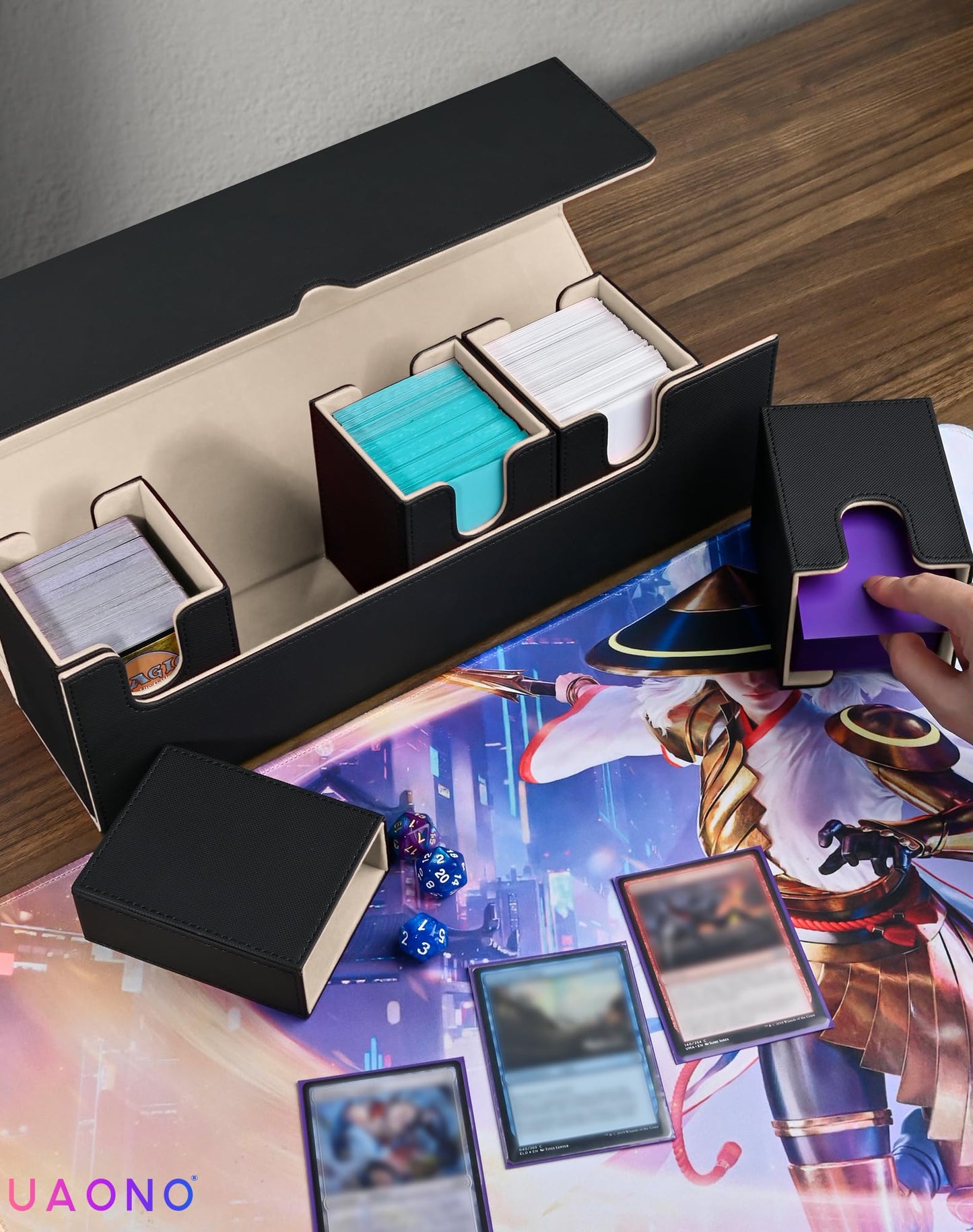 Uaono Card Deck Box With Dice Tray For Mtg, 5 In 1 Card Deck Case Holds 800+ Unsleeved Cards, Strong Magnet Card Organizer Compatible With Yugioh Tcg Sports Cards (Black Gold)