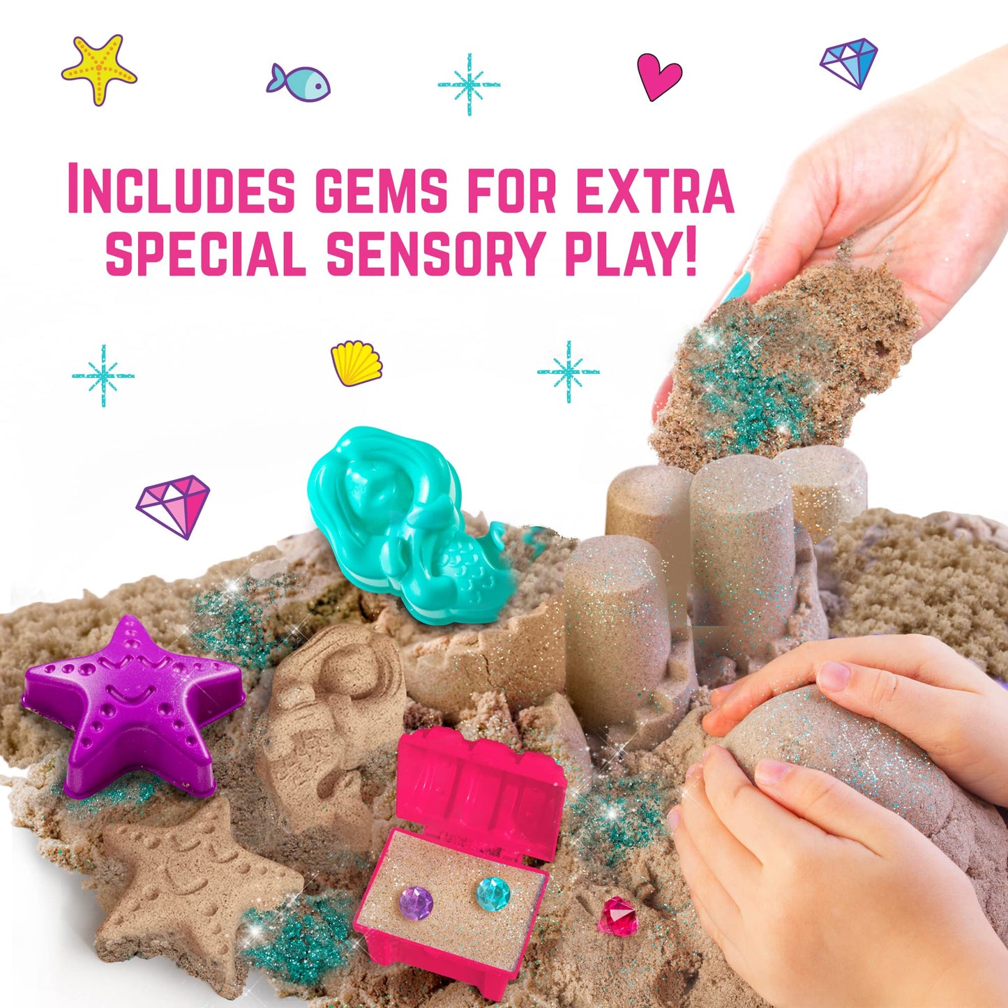 Girlzone Mermaid Sensory Sand Kit, 2Lbs Moldable Play Sand For Kids Aged 3+, Magic Sand With Gems, Tools & Portable Treasure Chest, Kids Toys For Playdates, Party Games & Gifting