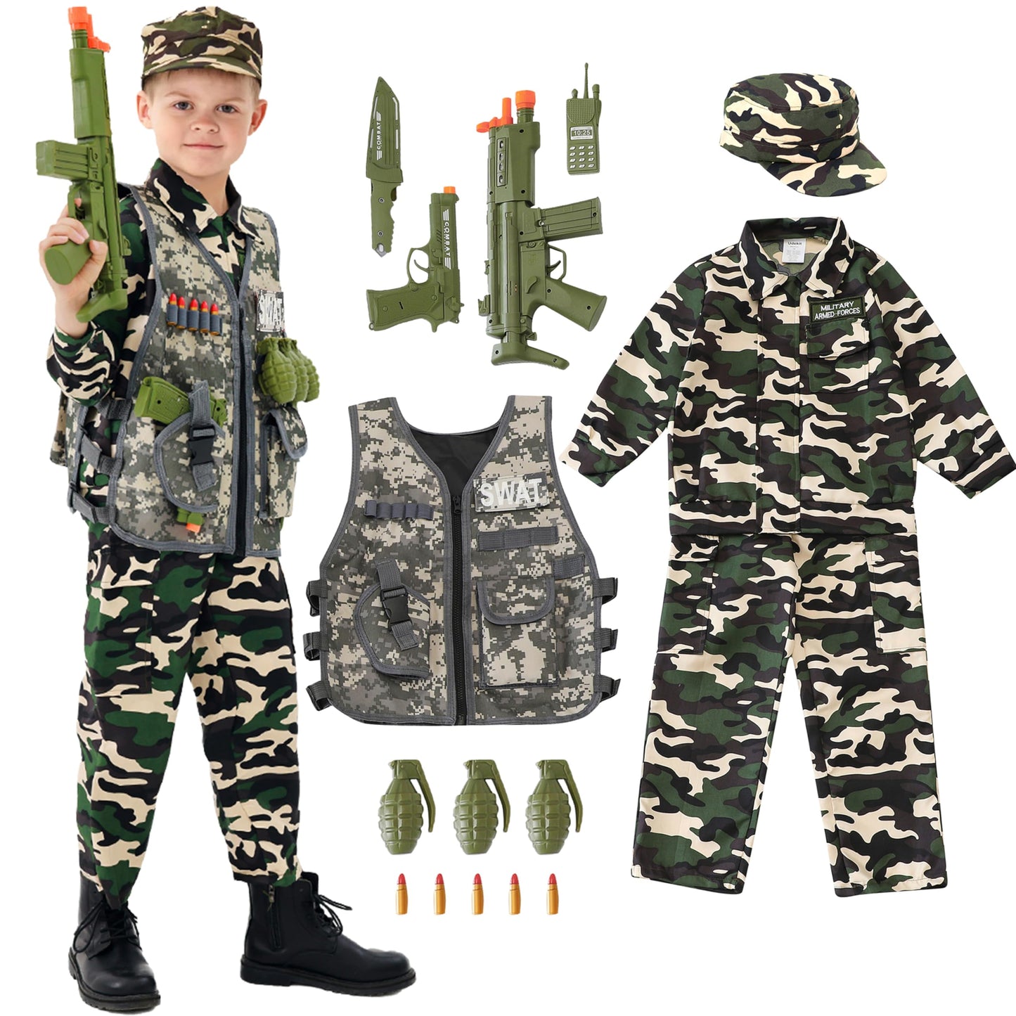 Udekit Army Uniform Cosplay Costume Soldier Outfits With Clothes, Tatical Vest And Other Toys Acessories For Kids 4Y To 6Y