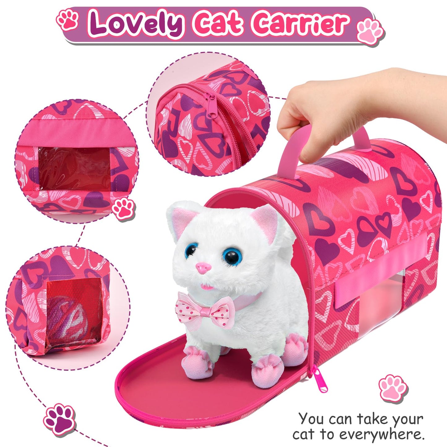 Golray Cat Toys For Kids Girls Gift, Electronic Interactive Plush Toy Cat Can Walk And Meow - 16 Pcs Carrier & Pet Groom Feed Care Pretend Play Set, Birthday Gift For Toddler Little Girl 3 4 5 6 7 8 9