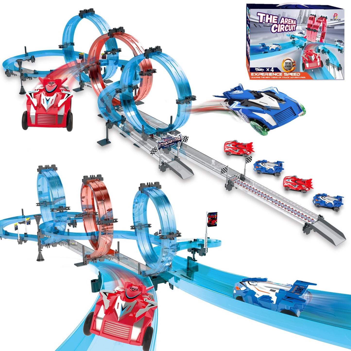 Toy Car Race Track Set with 4 High-Speed Slot Die-Cast Race Cars, 360Loops, Turns and Crossover Racing Game Circular Overpass Tr