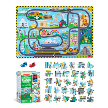 Melissa & Doug Race Around The World Tracks Cardboard Jigsaw Floor Puzzle And Wind-Up Vehicles – 48 Pieces, For Boys And Girls 4+ - Fsc Certified