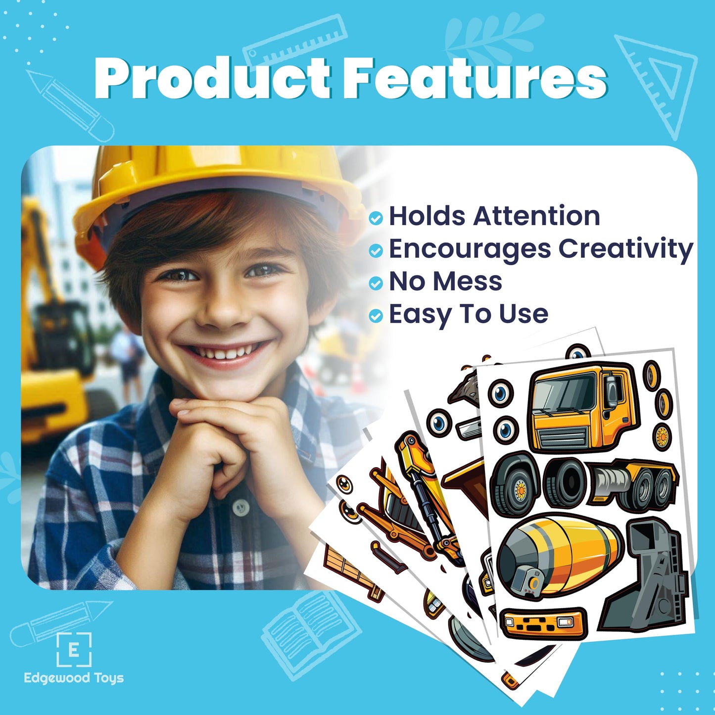 24 Make A Construction Truck Stickers for Kids - Create Your Own Escavator, Dump Truck, Cement Mixer, Roller, Front Loader, & Fo
