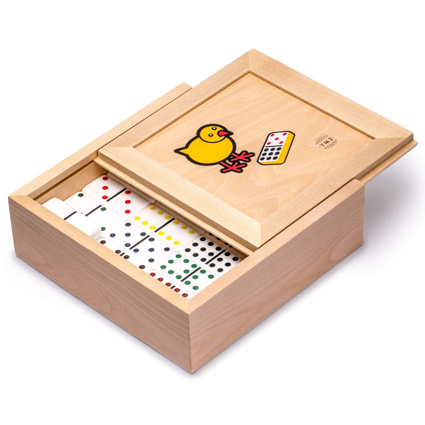 Yellow Mountain Imports Chicken Foot Game Set with Double 9 Dominoes, Wooden Case, 7.3"x7.3"x2.4", Yellow, Acrylic